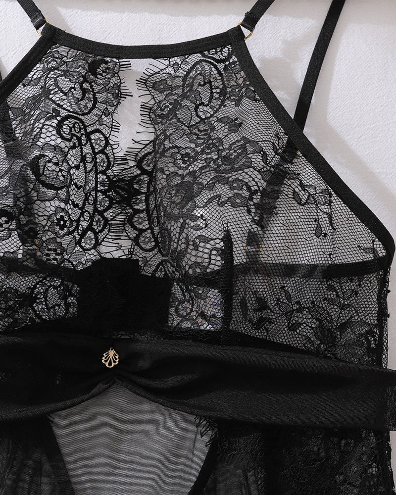 Sexy Eyelash Lace Cutout Sheer Mesh Nightgown with G-String
