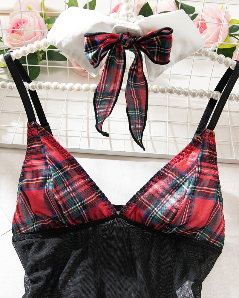 Sexy Sheer Mesh Plaid Patchwork Suspender Bodysuit Lingerie