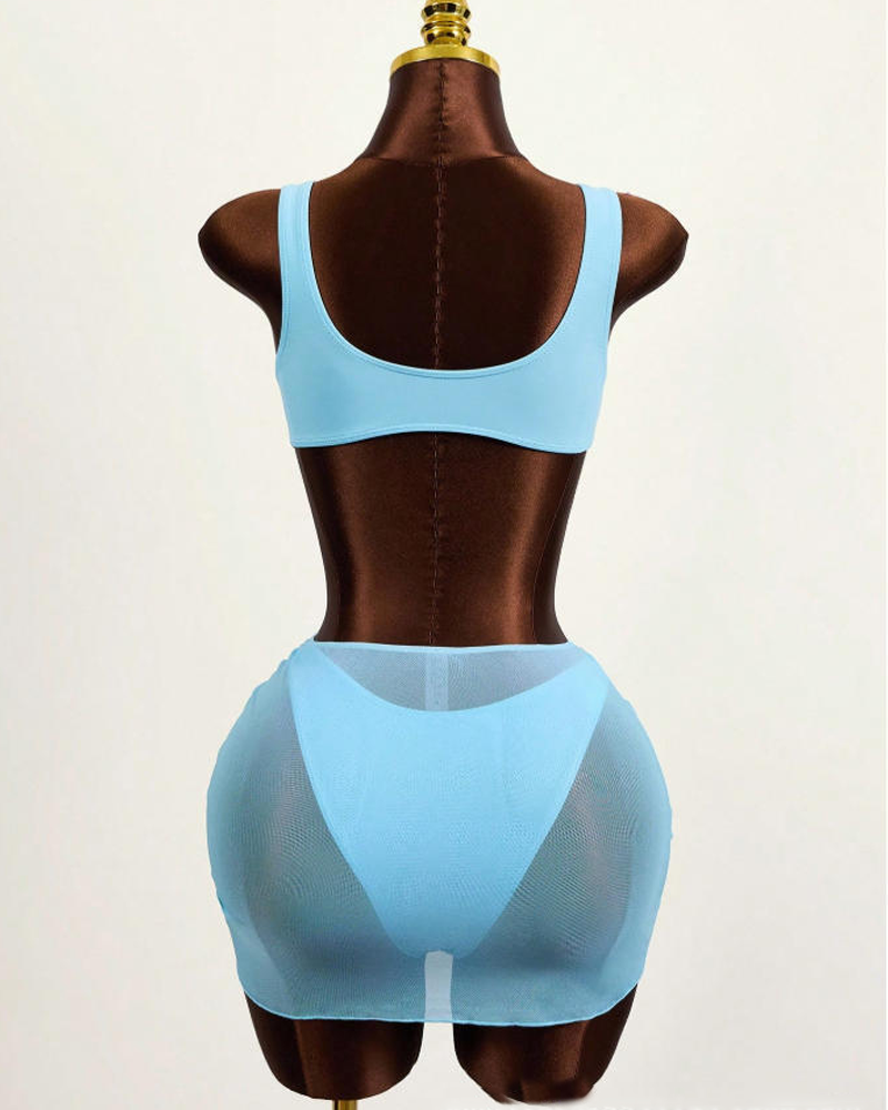 Sexy Sheer Mesh Backless Bikini with Cover-up Set