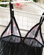 Sexy Sheer Mesh Plaid Patchwork Suspender Bodysuit Lingerie