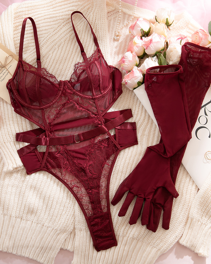 Sexy Lace Mesh Shaping Cutout Bodysuit with Gloves