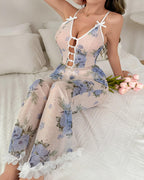 Sexy Floral Mesh See-through Ruffled Camisole and Trousers Pajama Set