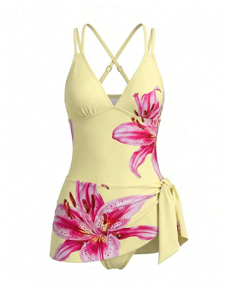 Floral Vacation Lily Print Crisscross Back One-Piece Swimsuit