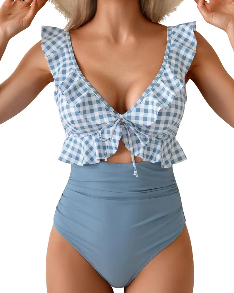 Sexy One Piece Cutout V Neck Ruched Swimsuit