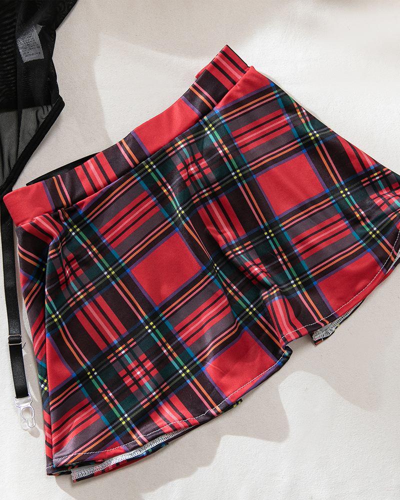 Sexy Sheer Mesh Plaid Patchwork Suspender Bodysuit Lingerie