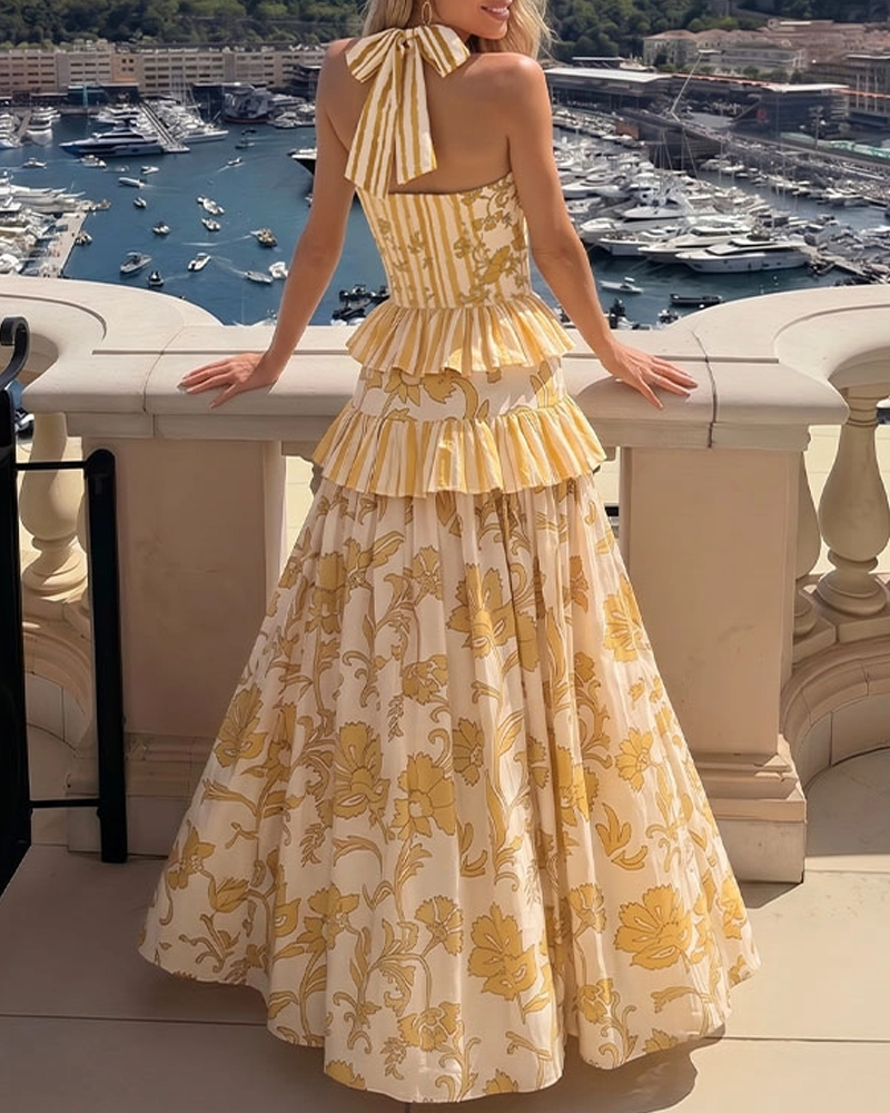 Lemon Yellow Halter Printed Swimsuit Set