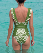 V Neck Ruffle Green Retro Printed Swimsuit Set