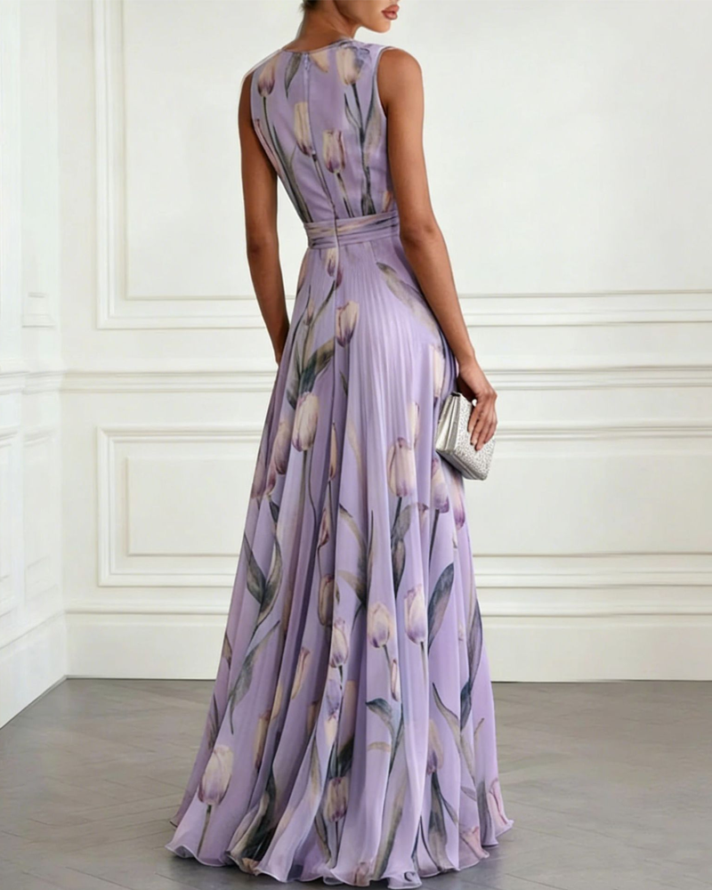 Tulip Print Chiffon Sleeveless V-Neck Maxi Dress