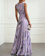 Tulip Print Chiffon Sleeveless V-Neck Maxi Dress