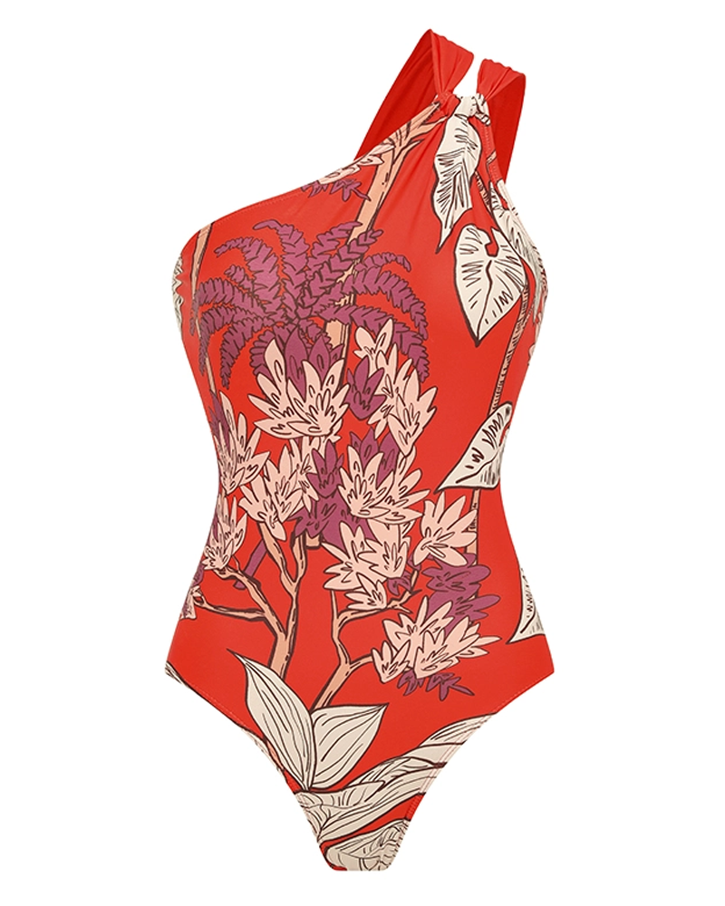 One Shoulder Red Plant Print Swimsuit Set