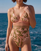 V Neck Mesh Splicing Print Swimsuit Set