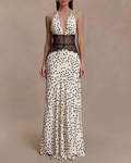 Elegant V-Neck Halter Lace and Satin Patchwork Maxi Dress