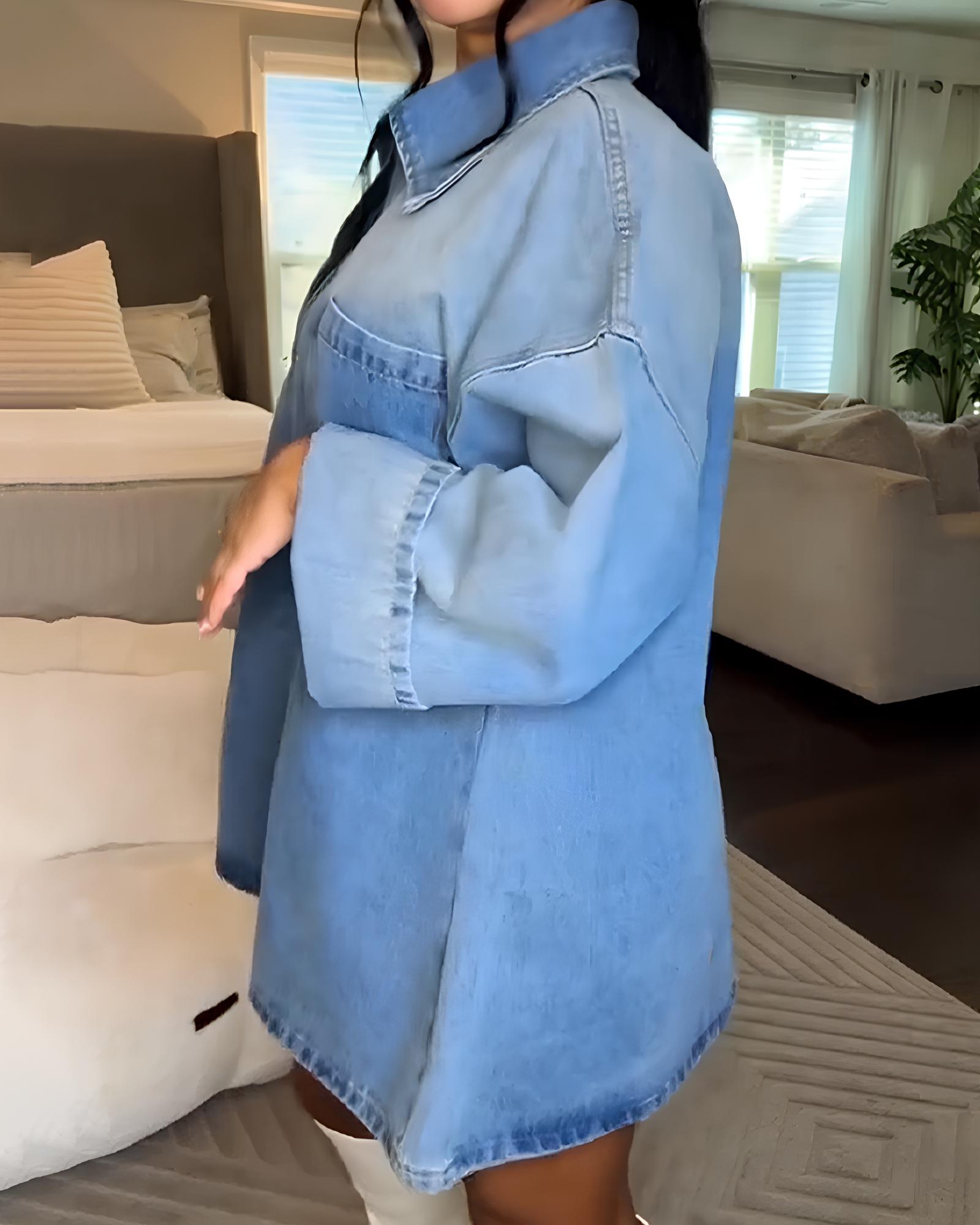 Stylish Collared Loose Denim Long-sleeved Dress