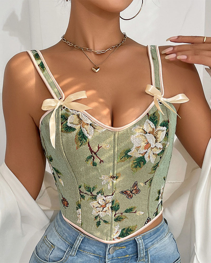 French Style Bow Lace-Up Floral Sexy Body Shaper Women's Sling Printed Slim-Fit Vest Corset