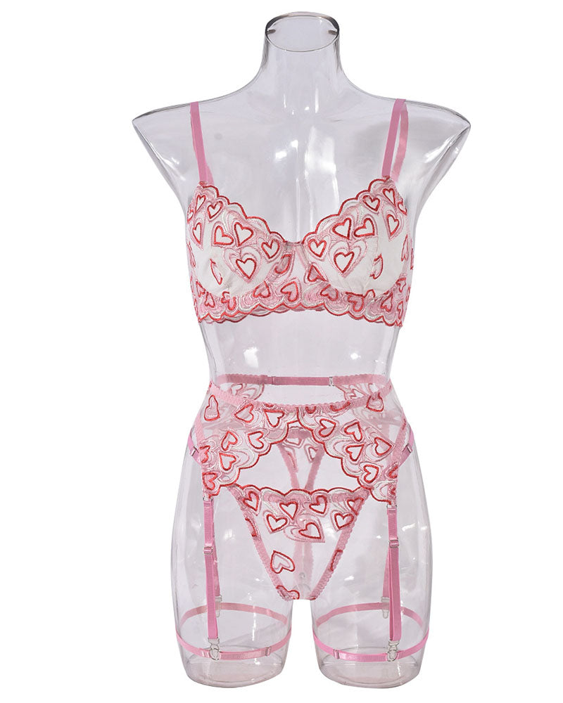 Open Cup Lingerie Set – Sexy Embroidery Temptation 4-Piece Set