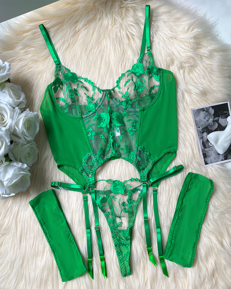 Sexy Sheer Embroidered Mesh Lingerie Set