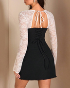 Elegant Lace Long Sleeve Backless Tie-Up Dress