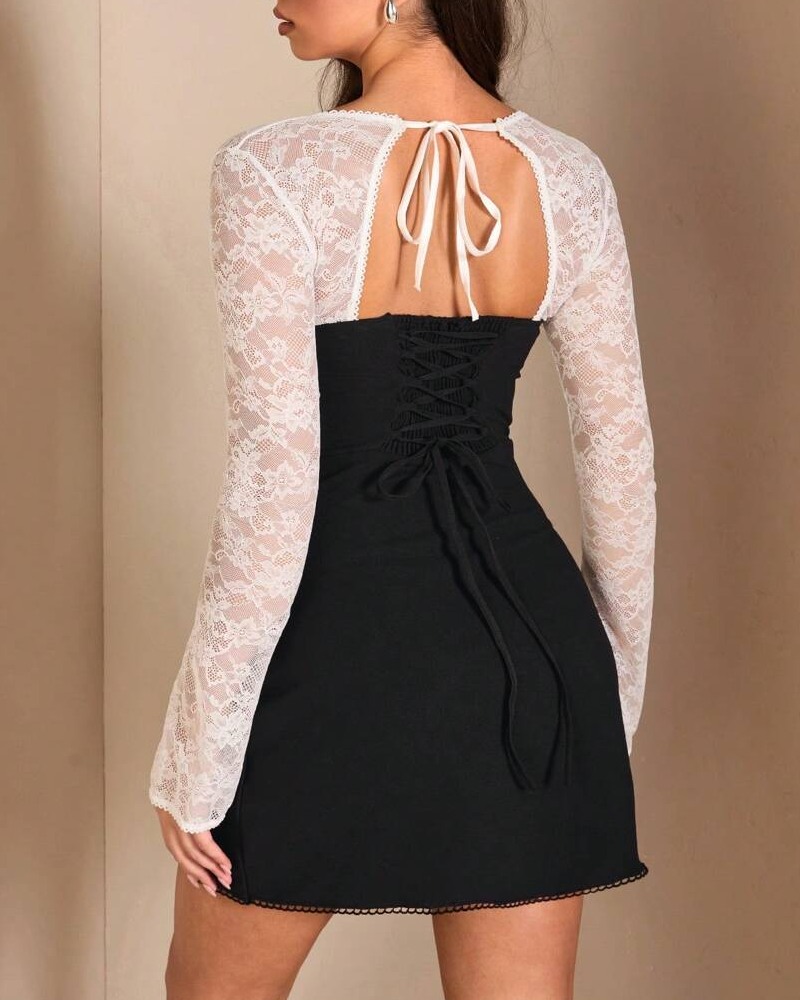 Elegant Lace Long Sleeve Backless Tie-Up Dress