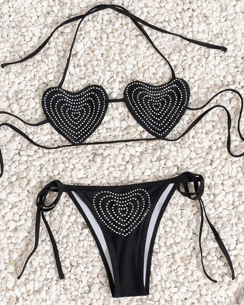 Women’s Summer Heart Rhinestone Tie Side Low Waist Bikini Set