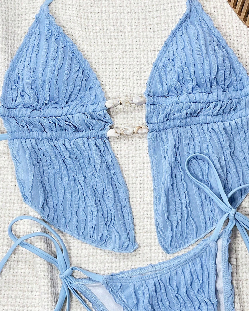 Sexy Solid Color Halter Strappy Two-Piece Bikini Set