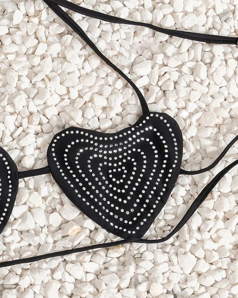 Women’s Summer Heart Rhinestone Tie Side Low Waist Bikini Set