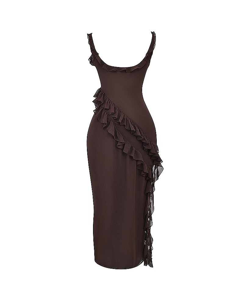 Sexy Ruffle Trim Slit Maxi Dress
