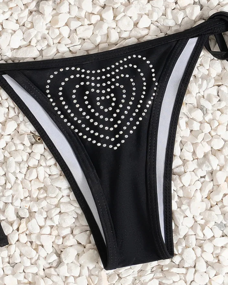 Women’s Summer Heart Rhinestone Tie Side Low Waist Bikini Set