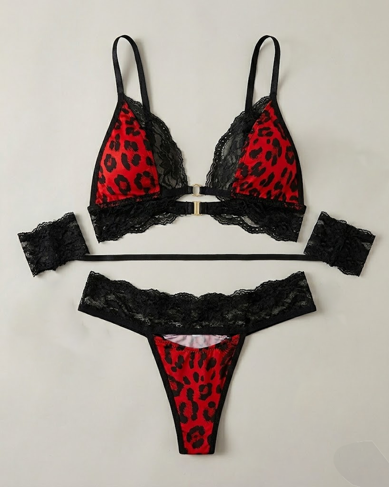 Sexy Leopard Print & Lace Lingerie Set with Lace Handcuffs