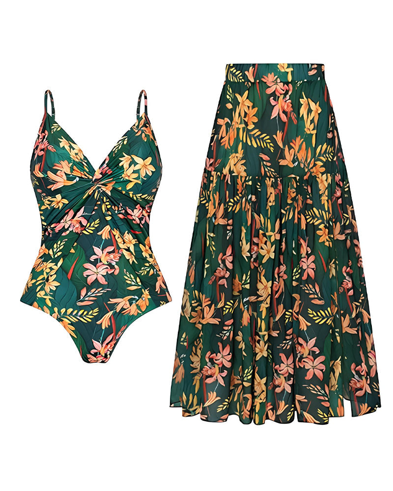 Deep V Floral Print One-Piece Swimsuit and Long Skirt Set