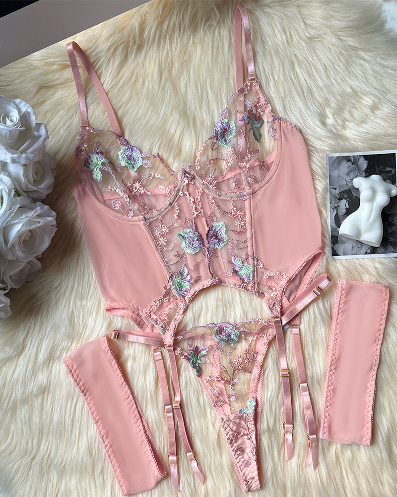 Sexy Sheer Embroidered Mesh Lingerie Set