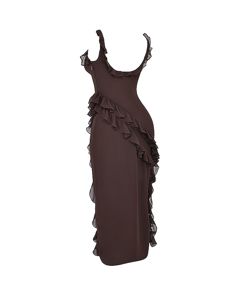 Sexy Ruffle Trim Slit Maxi Dress