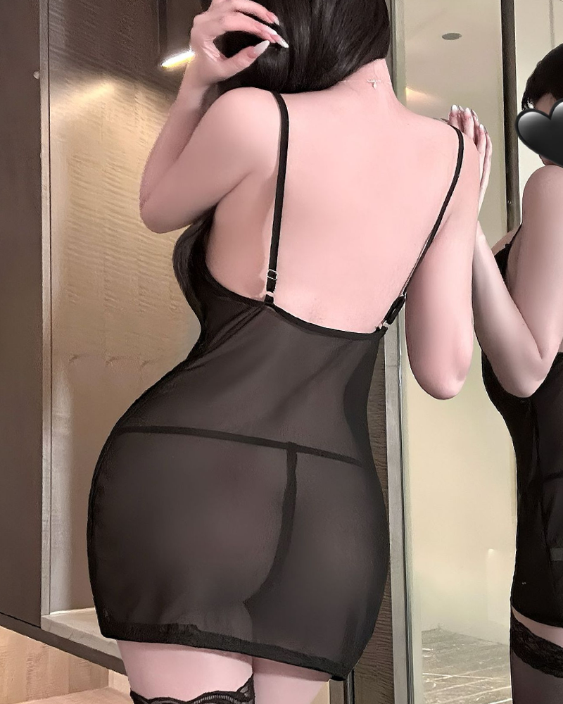 Sexy Lace Mesh Sheer Cutout Ruffle Chemise Nightgowns with Thong