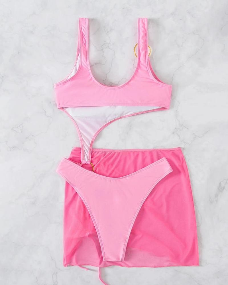 Sexy Sheer Mesh Backless Bikini with Cover-up Set