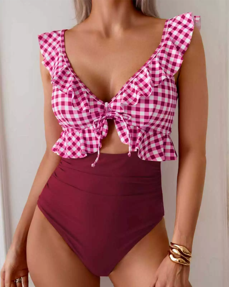 Sexy One Piece Cutout V Neck Ruched Swimsuit