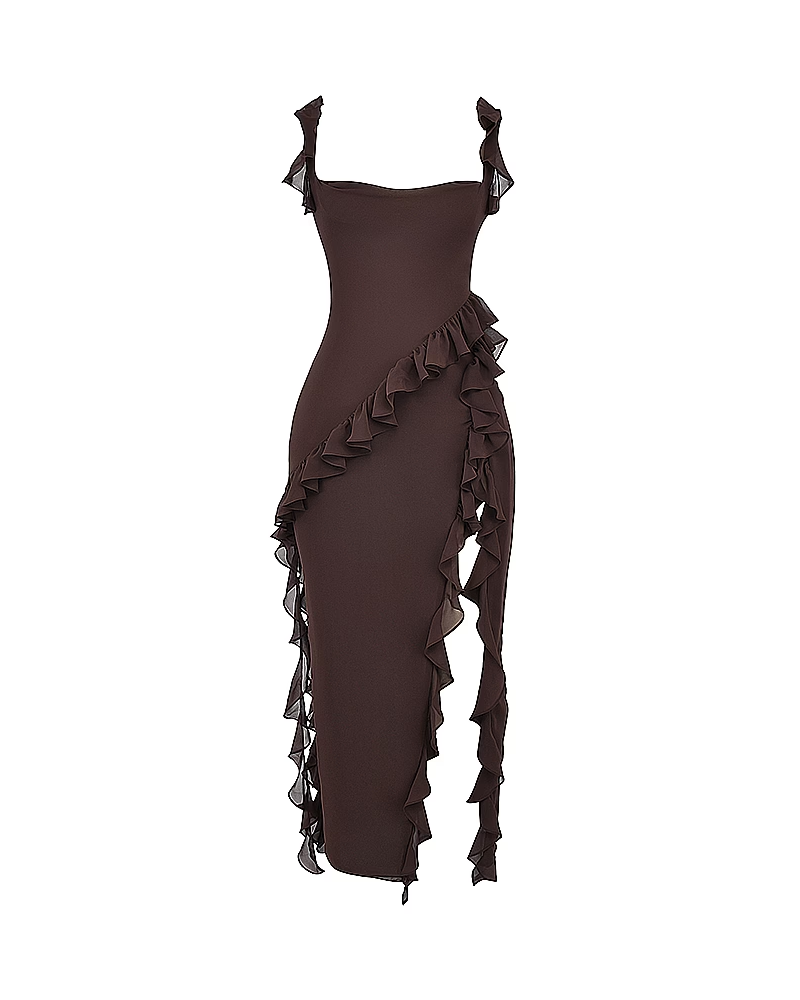 Sexy Ruffle Trim Slit Maxi Dress