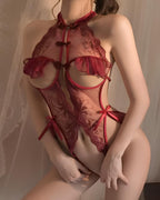 Sexy Lace Open-chest Cheongsam Open-crotch Bodysuit Nightgowns