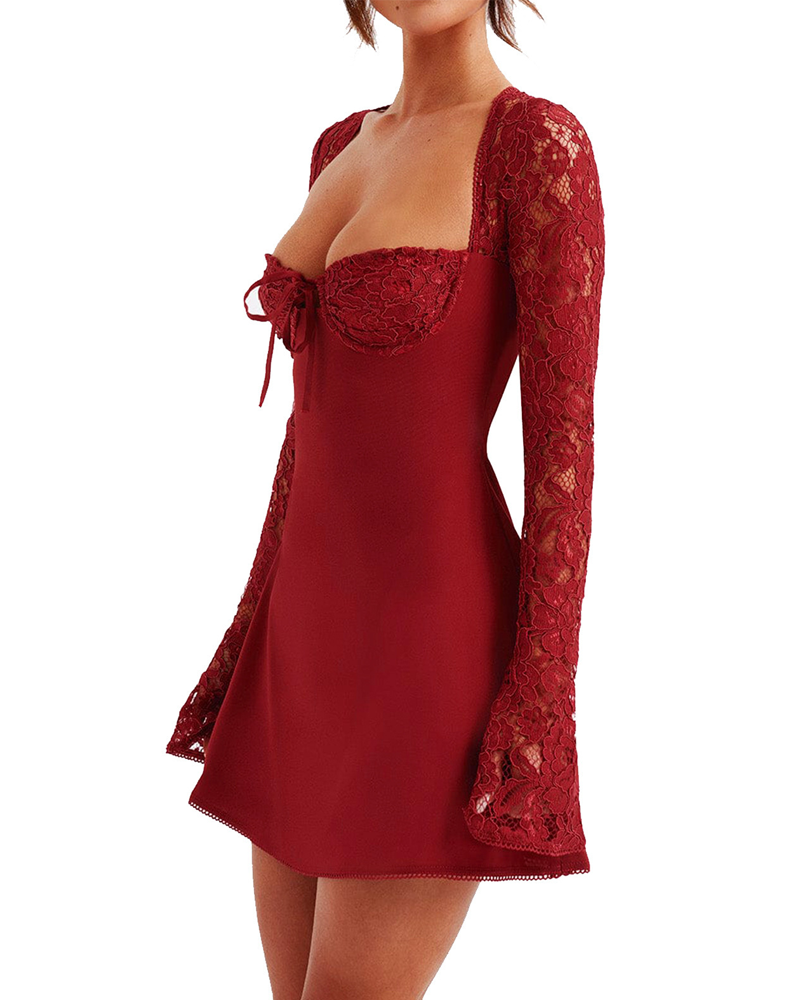 Elegant Lace Long Sleeve Backless Tie-Up Dress