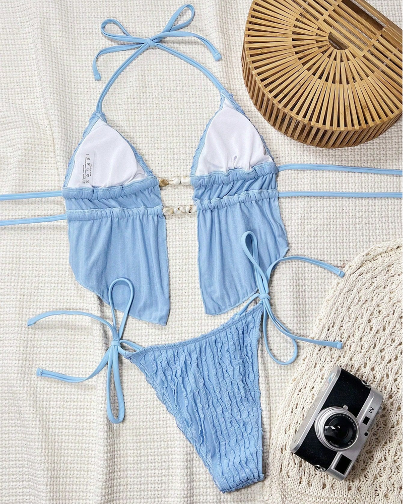 Sexy Solid Color Halter Strappy Two-Piece Bikini Set
