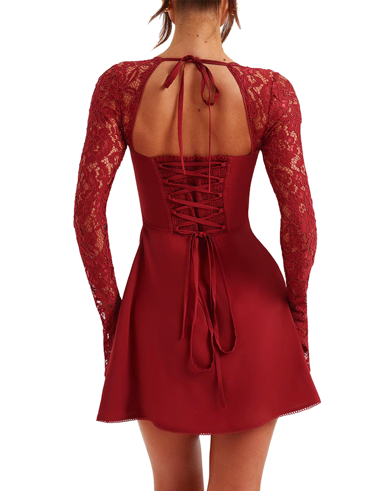 Elegant Lace Long Sleeve Backless Tie-Up Dress