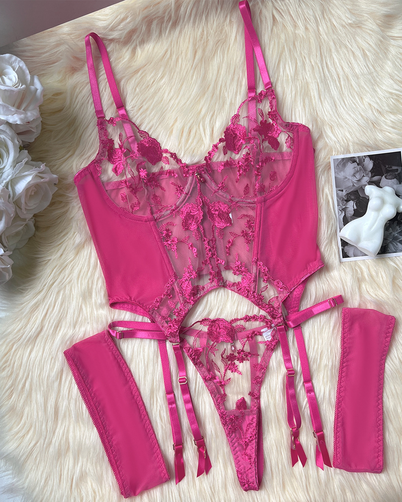 Sexy Sheer Embroidered Mesh Lingerie Set