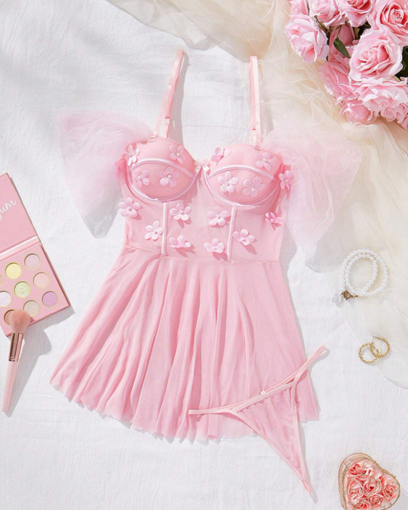 Sexy Lace Sheer Mesh Cut-Out Lingerie Set