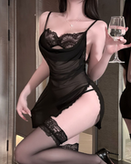 Sexy Lace Mesh Sheer Cutout Ruffle Chemise Nightgowns with Thong
