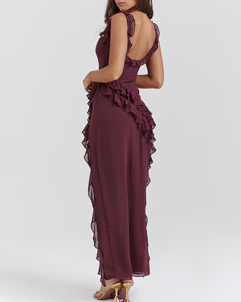 Sexy Ruffle Trim Slit Maxi Dress