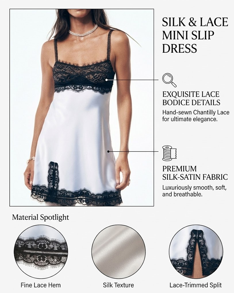 Satin Lace Patchwork Color Block Cami Chemise Side Slit Nightgowns
