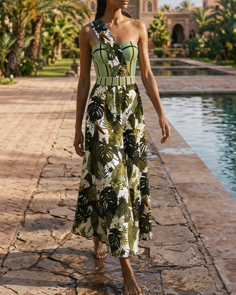 Adjustable shoulder straps Green Print Swimsuit Set