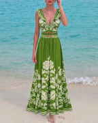 V Neck Ruffle Green Retro Printed Swimsuit Set