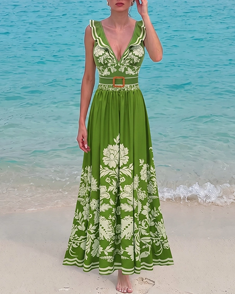 V Neck Ruffle Green Retro Printed Swimsuit Set