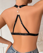 Sexy Deep V Leather Backless Metal Ring Cutout Bra