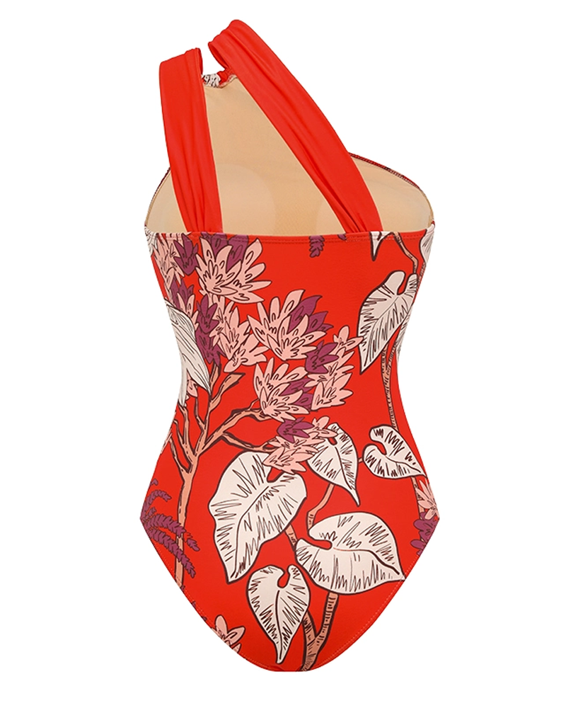 One Shoulder Red Plant Print Swimsuit Set