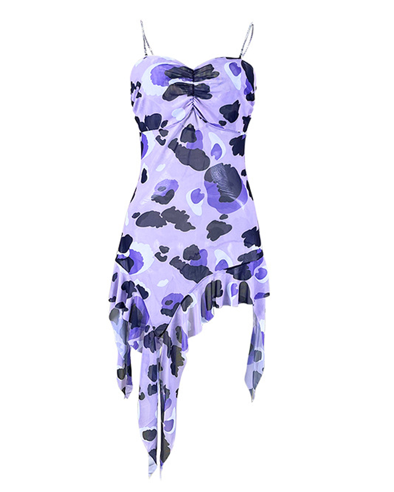 Sexy Leopard Print Sheer Mesh Rhinestone Strap Nightgown